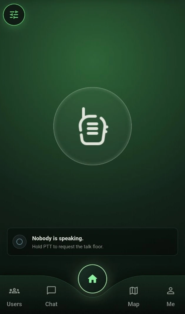 The PTTHex talk screen: a channel dial across the top, a large round talk control in the middle, and a line under it reporting who holds the talk floor.